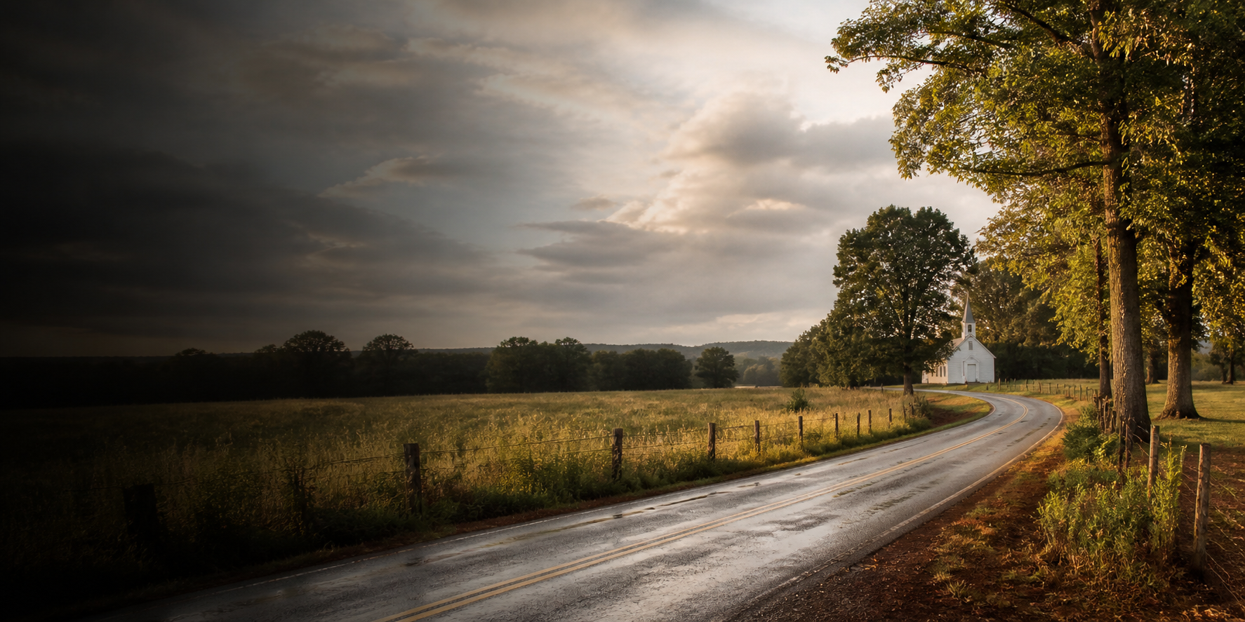 An atmospheric rural Mississippi road, fields, trees, and a country church inspired by Holmes County
